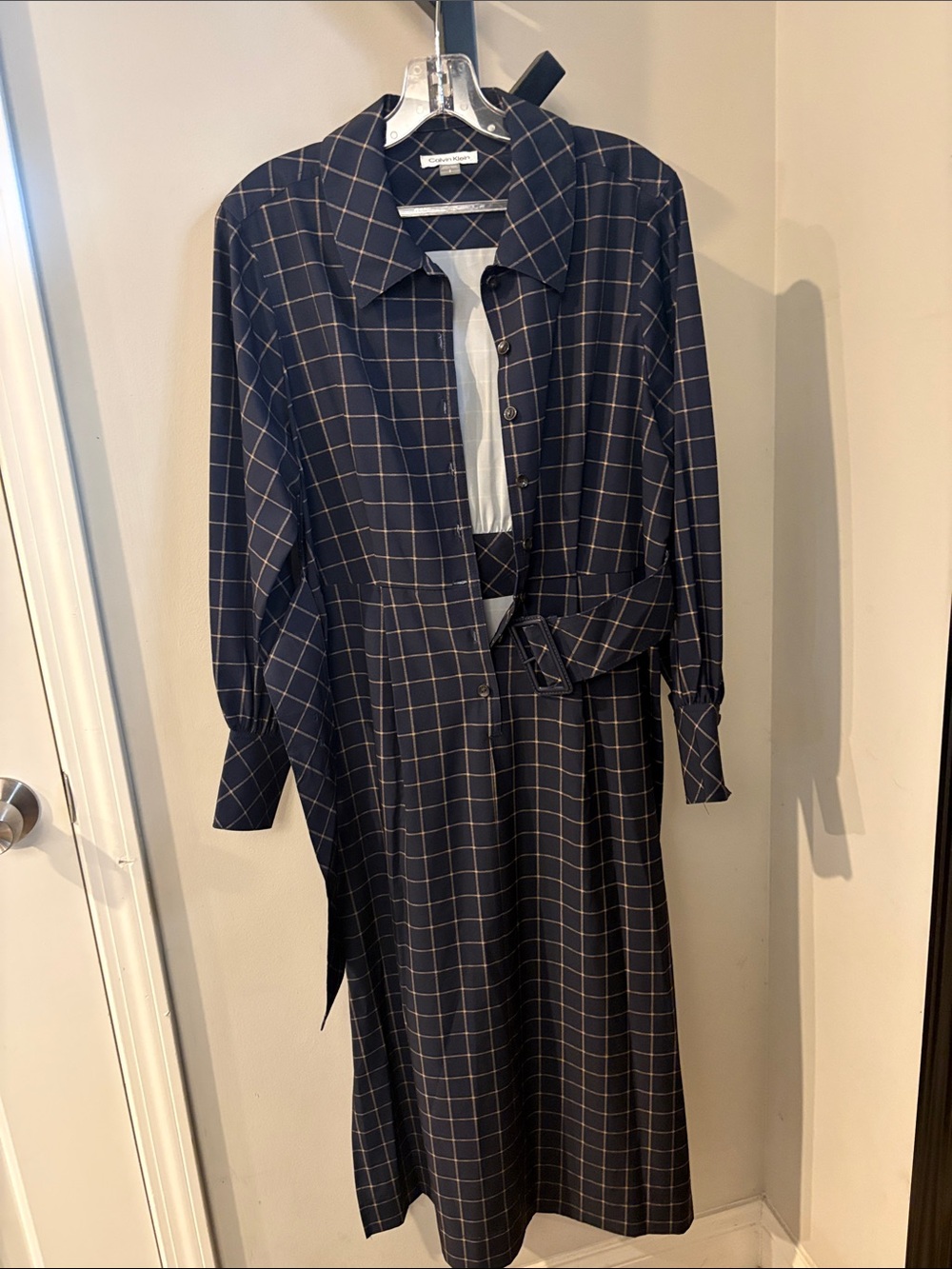 Calvin Klein Navy Windowpane Long Sleeve Shirt Dress with Waist Tie